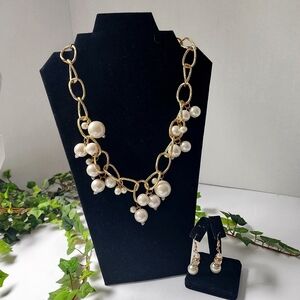 Gold Chain Bubble Pearl Necklace and Earrings Set